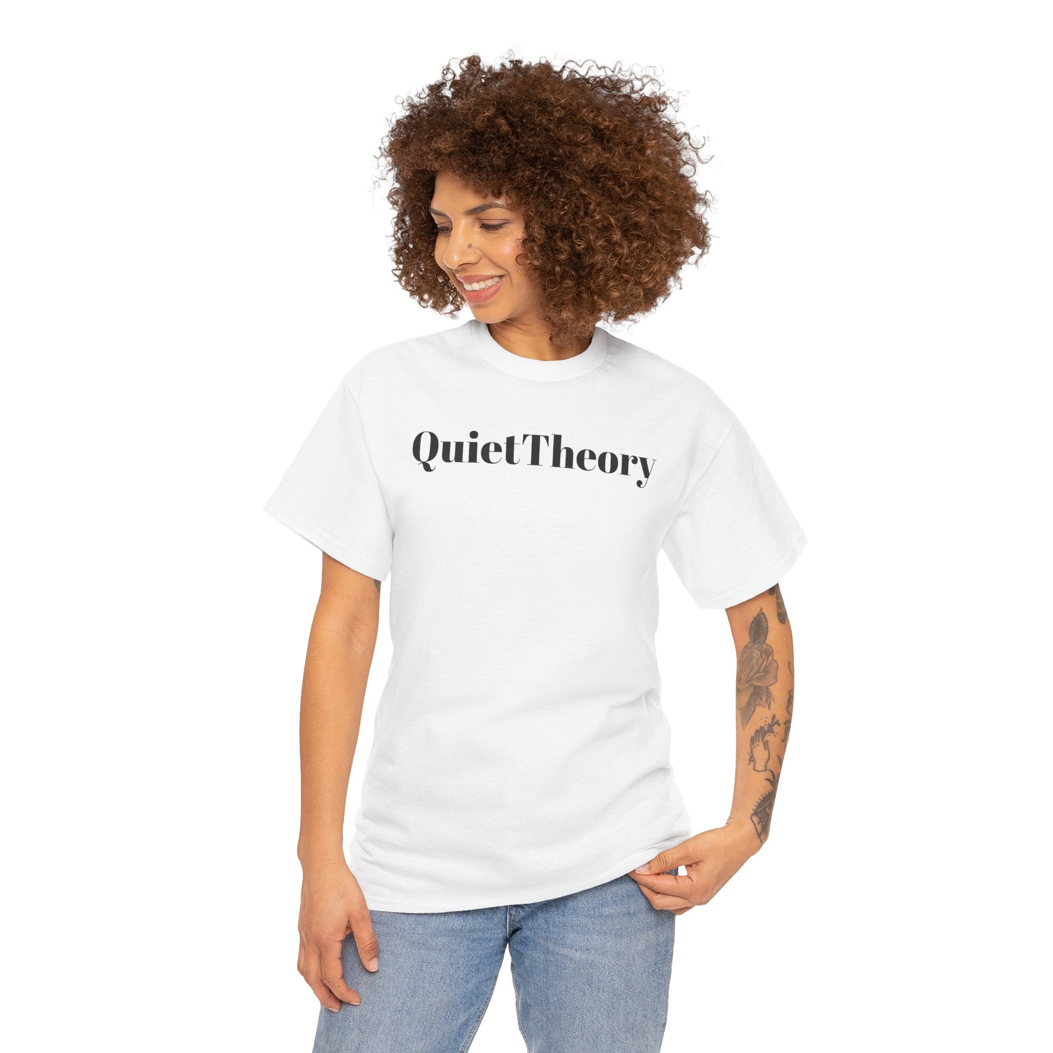 Quiet Theory Minimalist Graphic Tee — White Text Logo T-Shirt