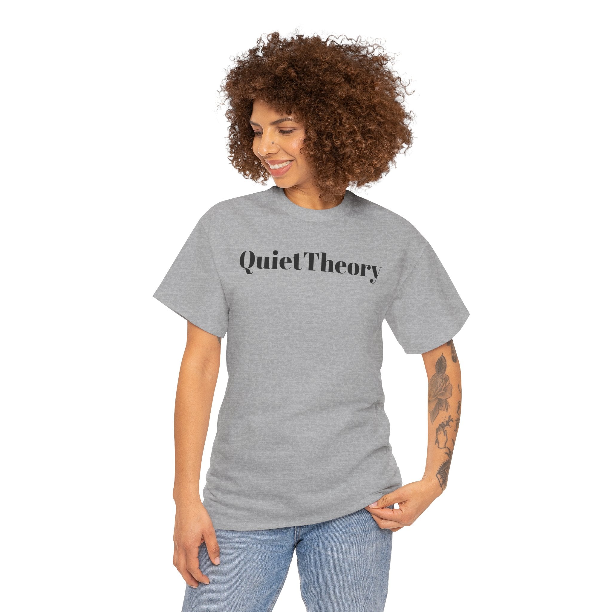 Quiet Theory Minimalist Graphic Tee — White Text Logo T-Shirt
